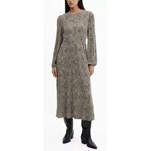 MNG Mango Printed Long Sleeve Floral Crinkle Midi Dress Womens Size 6 New Black